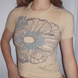 Pierre Cardin Beige and Blue Floral Short Sleeve Top